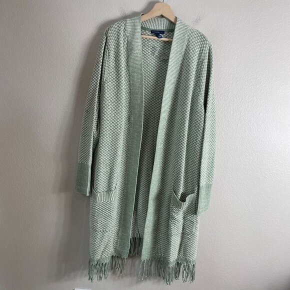 Isaac Mizrahi Live! Womens Plus 3X Open Front Cardigan Sweater Fringe Hem Green - Picture 9 of 12